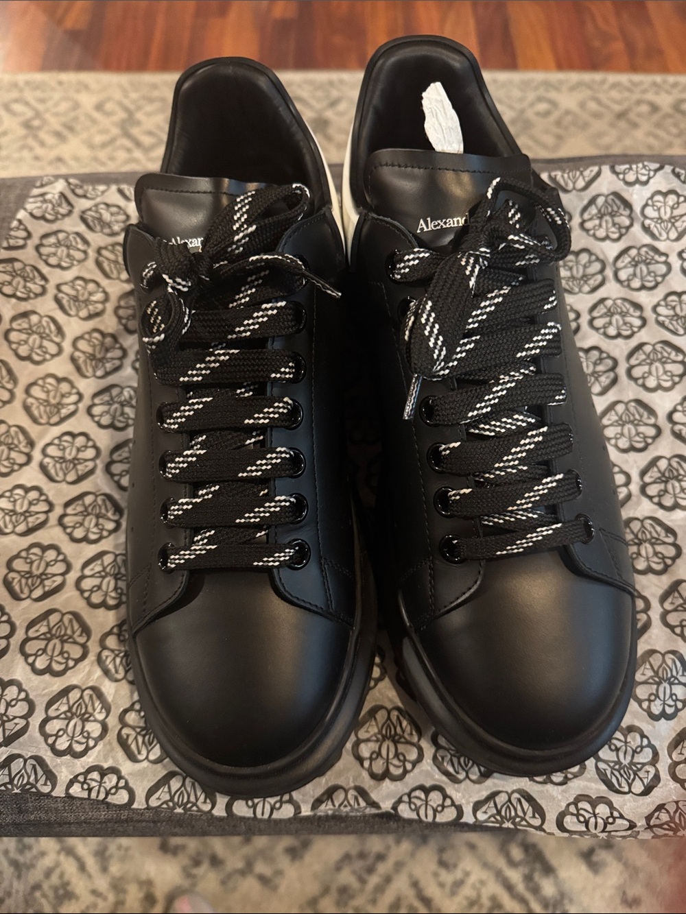 Alexander McQueen Black Leather Low-Top Sneakers with Black & White Laces